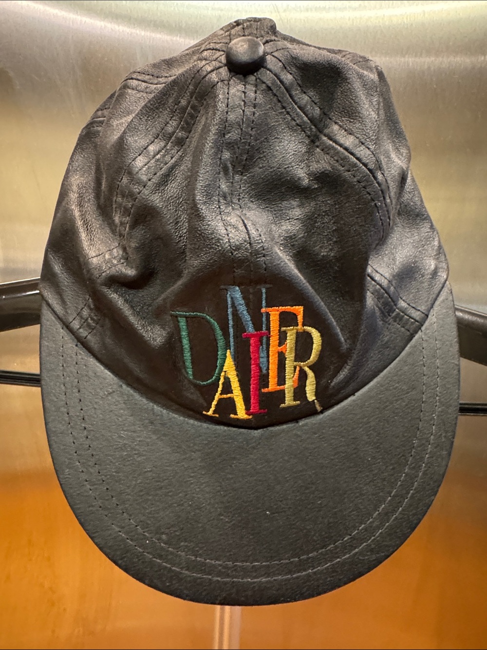 Danier Black Leather Baseball Cap with Multicolor 'DAFER' Embroidery